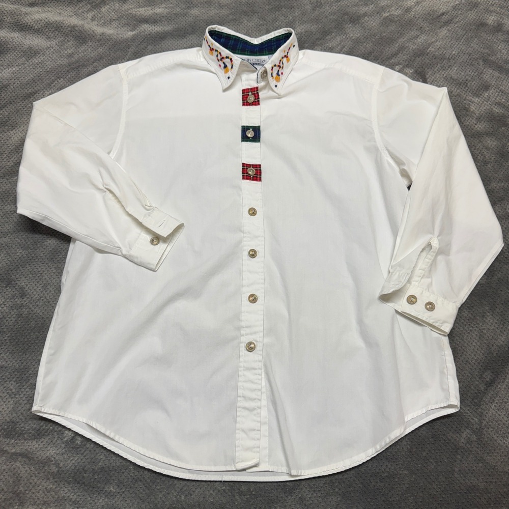 Cabin Creek Woman White Embroidered Tassel Plaid Accent Button Up Shirt 18W